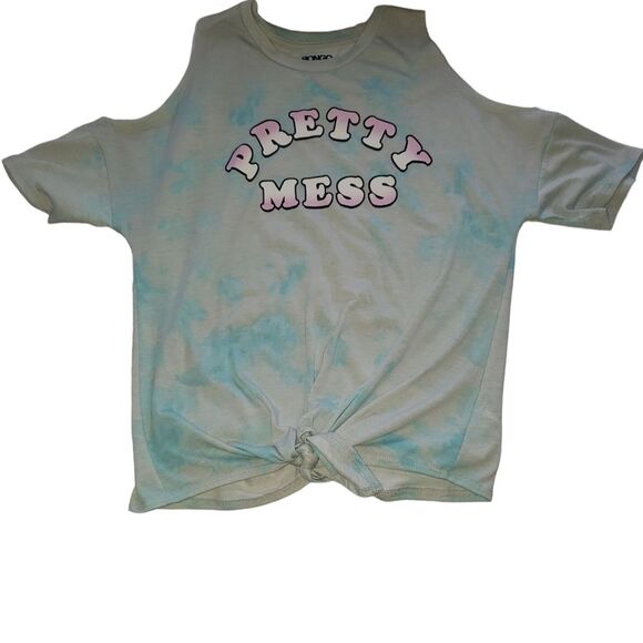 Bongo Pretty Mess Tie‑Dye Top Junior Large White Blue Cold SHLD Casual Tee NWT - Picture 2 of 5